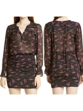 NEW ba&sh Cathel Sheer Geometric Printed Blouse in Carbone Women's Size Medium